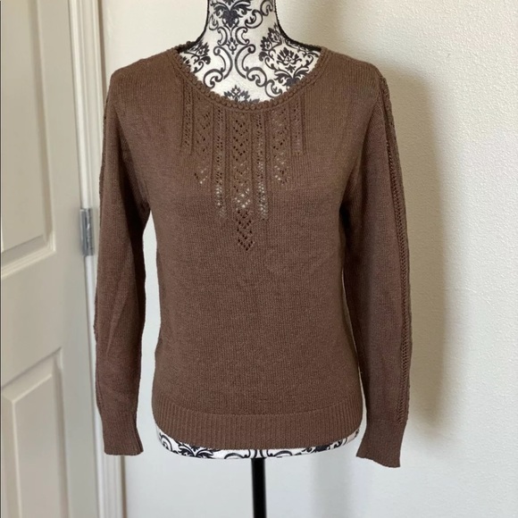 unknown Sweaters - Brown Sweater Crew Knit Long Sleeve Crochet S M